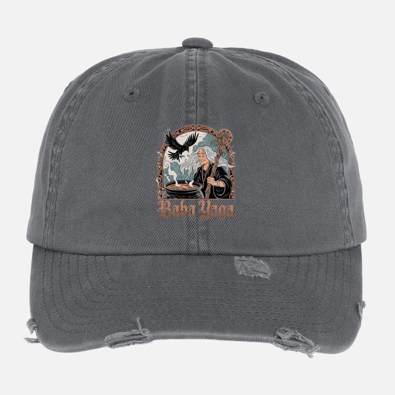 Baba Yaga Slavic Witch Crow Cauldron Mythology Flexfit Vintage Destroyed Cap