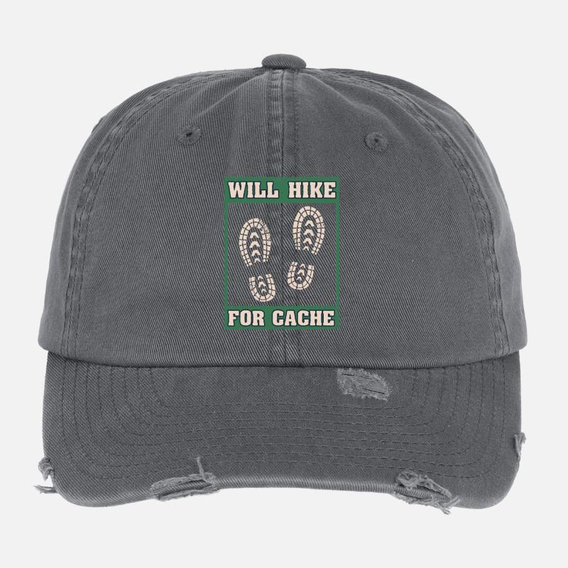 Will Hike For Cache Geocaching Graphic Flexfit Vintage Destroyed Cap
