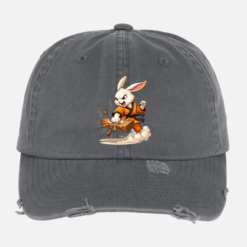 Starkes Motiv mit kämpfendem Hasen im Karate-Stil  Flexfit Vintage Destroyed Cap