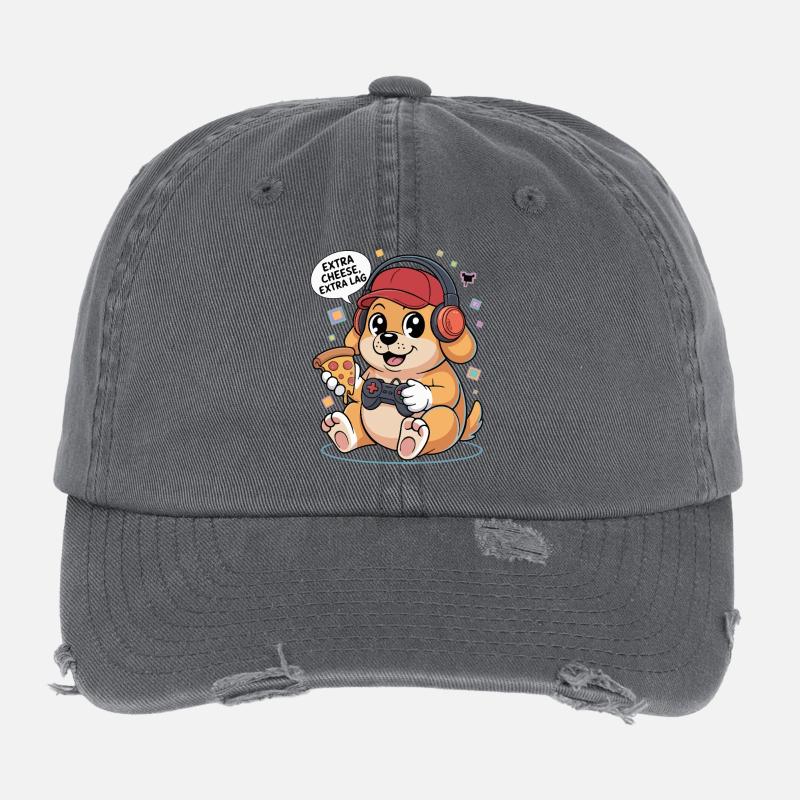 Gaming Hund mit Pizza Flexfit Vintage Destroyed Cap