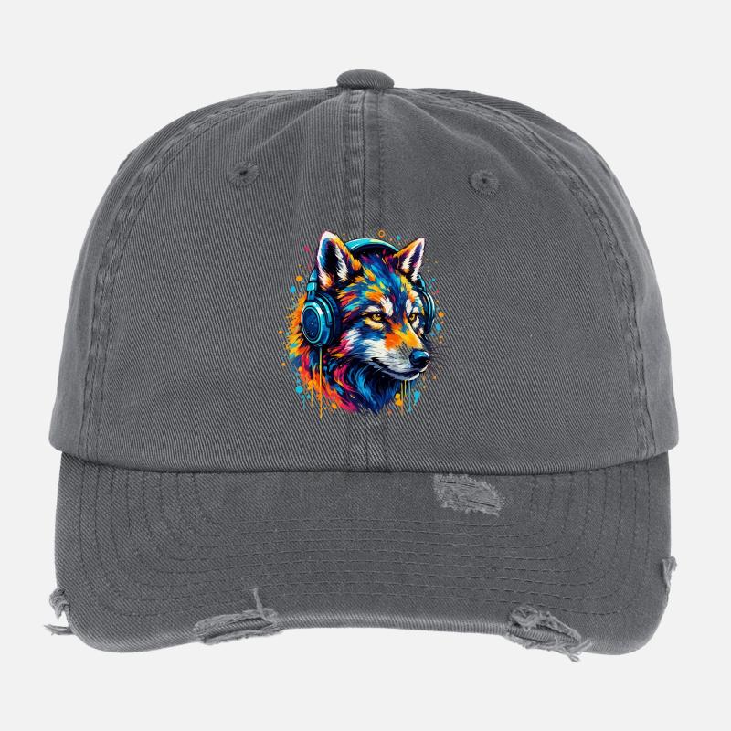 Fuchs mit Neon Kopfhörer Kunst Flexfit Vintage Destroyed Cap