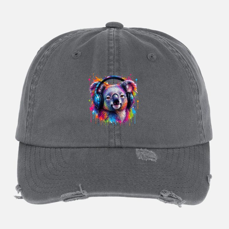 Kaleidoskop-Koala mit Kopfhörern Flexfit Vintage Destroyed Cap