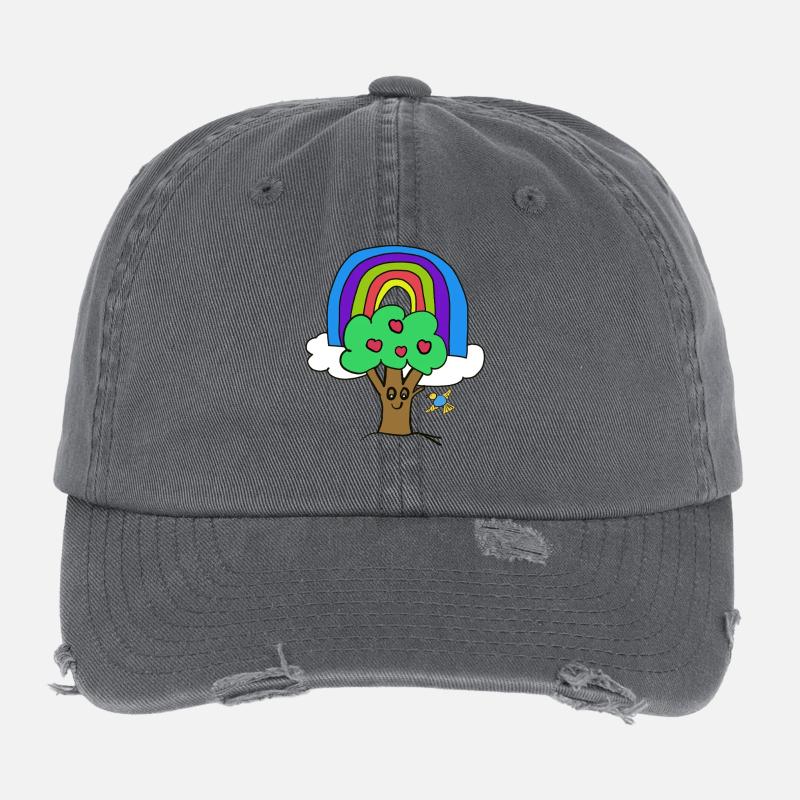 Baum Regenbogen Kind Vogel Märchen Flexfit Vintage Destroyed Cap