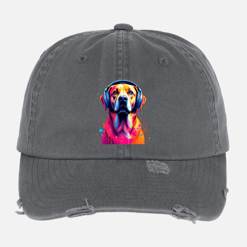Labbi Labrador with headphones Flexfit Vintage Destroyed Cap