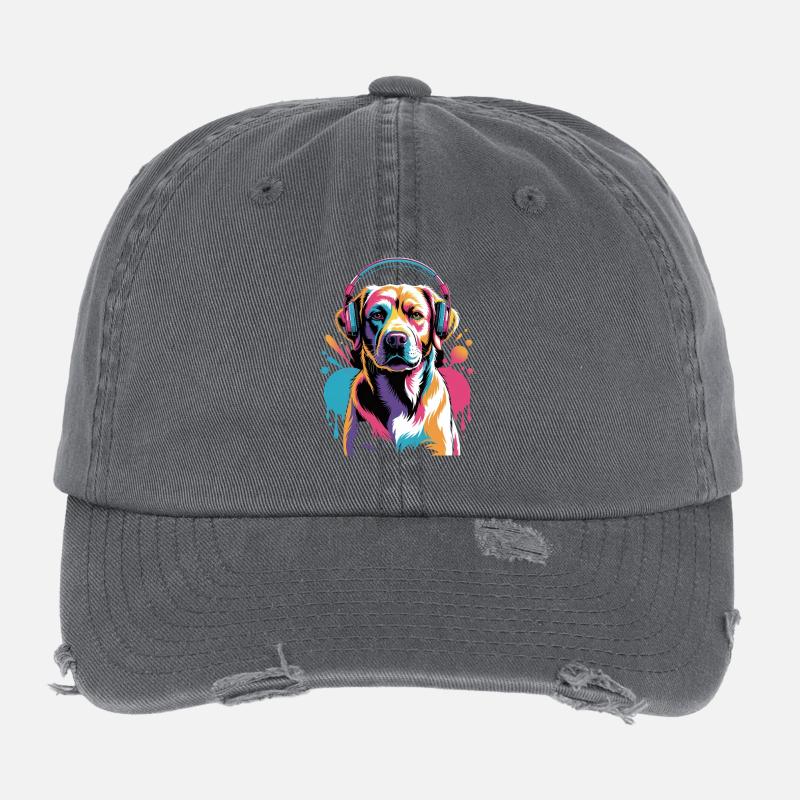 Labrador mit Kopfhörer Flexfit Vintage Destroyed Cap