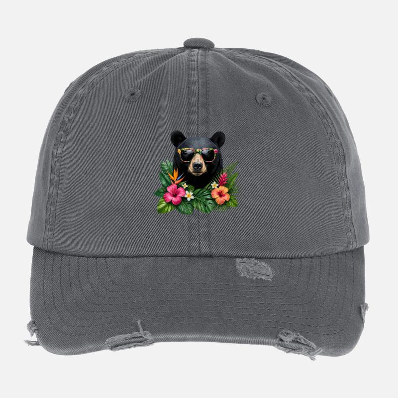 Tropischer Bärenkopf mit Blumenbrille Flexfit Vintage Destroyed Cap