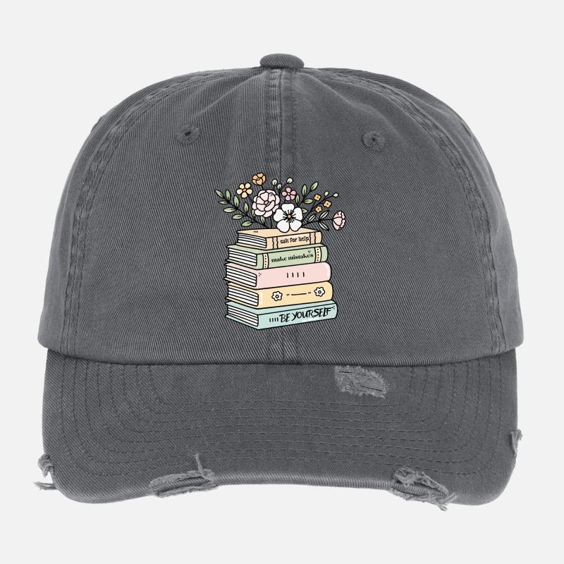 Be Yourself Book Stack Motivation Flexfit Vintage Destroyed Cap