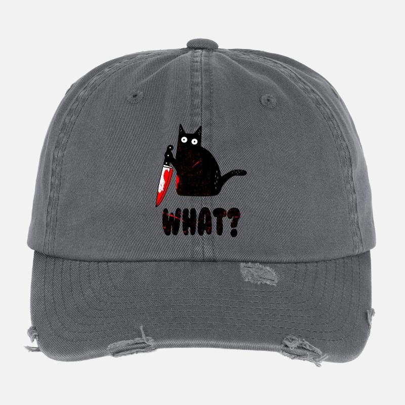 Chat quoi? Chemise drôle de chat noir, chat de chat de meurtre Casquette vintage effet usé Flexfit
