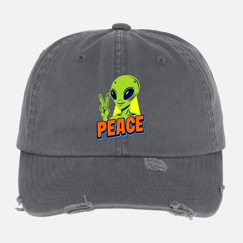 Drôle vert Alien avec le signe de paix Espace Casquette vintage effet usé Flexfit