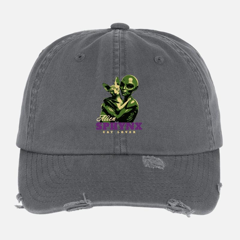 Green Alien Sphynx Cat Lover Flexfit Vintage Destroyed Cap