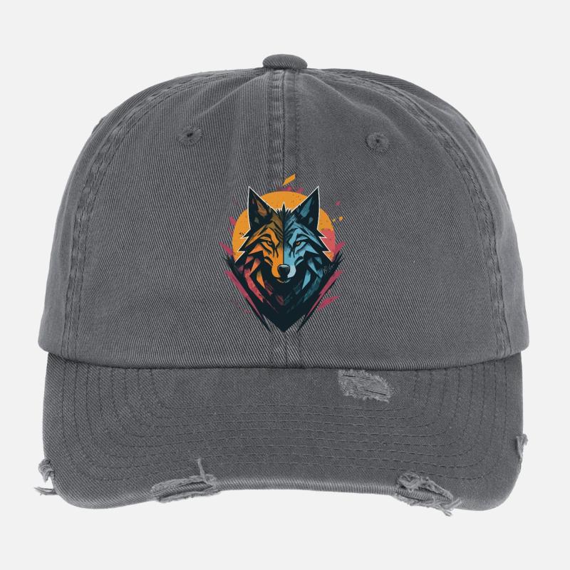 Wolf Doppelseitiger Sonnenmond Flexfit Vintage Destroyed Cap