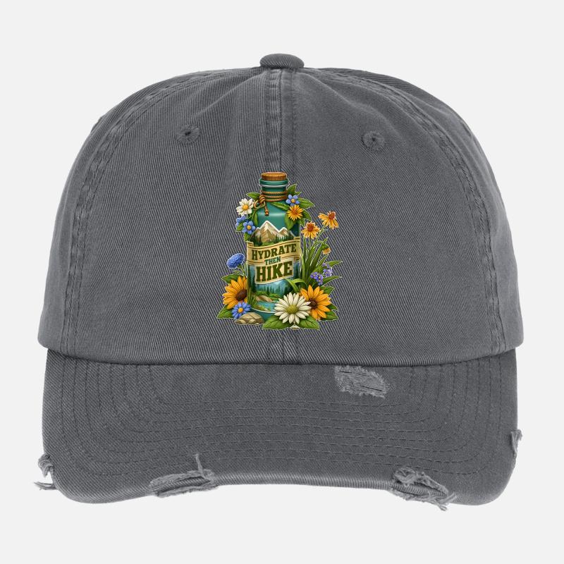 Conception de bouteilles florales Hydratez-vous puis randonnée Casquette vintage effet usé Flexfit