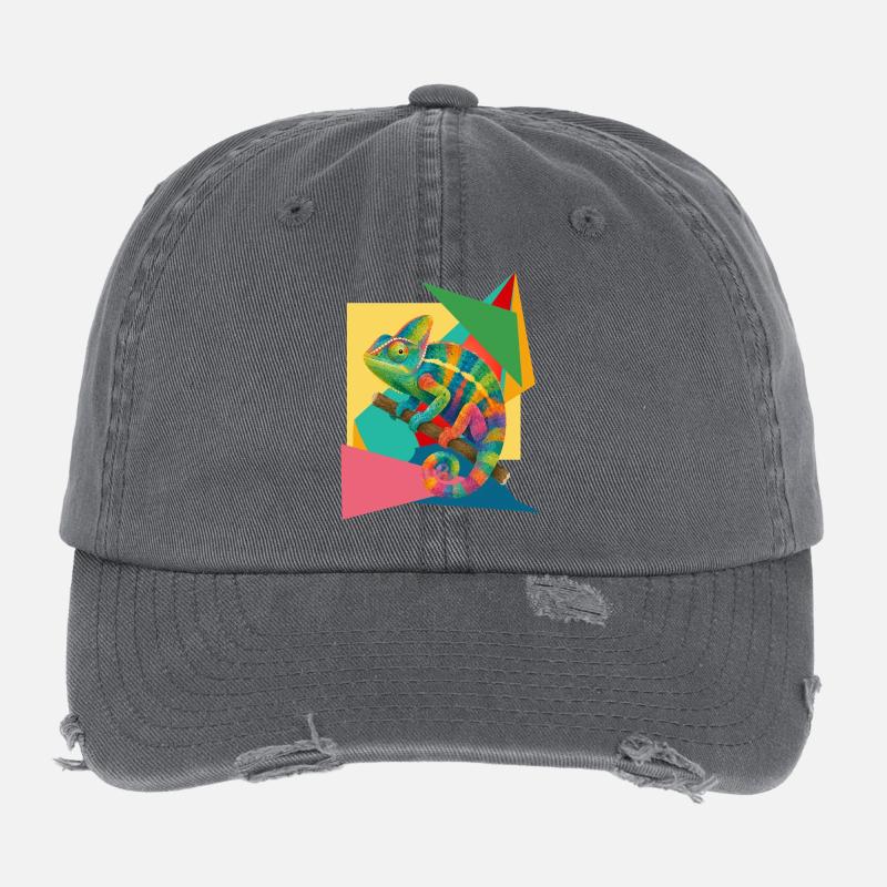 Colorful Chameleon Geometry Art Flexfit Vintage Destroyed Cap