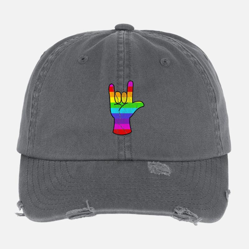Rainbow Hand Rocking LGBT Pride Flexfit Vintage Destroyed Cap