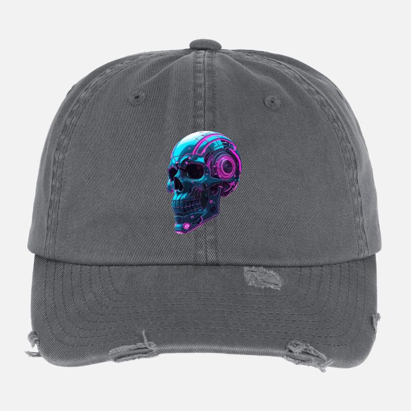 Cyberpunk Skull – Neon Techno Head Flexfit Vintage Destroyed Cap