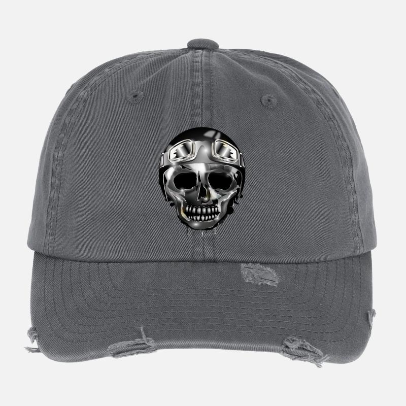 Chrom Schädel mit Retro Motorrad Helm und Brille Flexfit Vintage Destroyed Cap