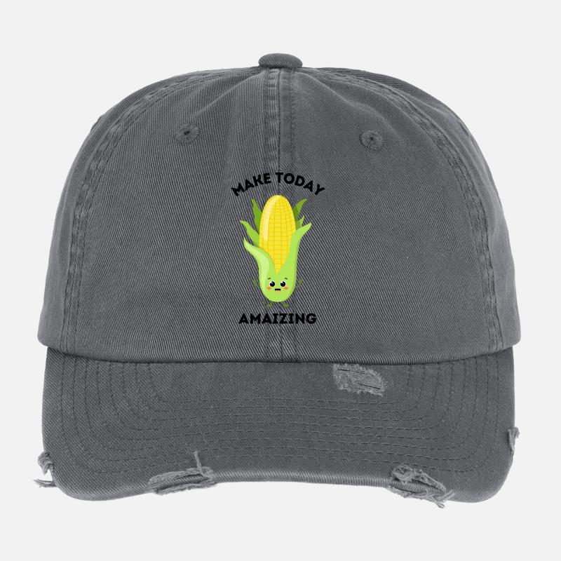 Mignon jeu de mots maïs dessin animé « Make Today Amaizing » - Casquette vintage effet usé Flexfit - charbon