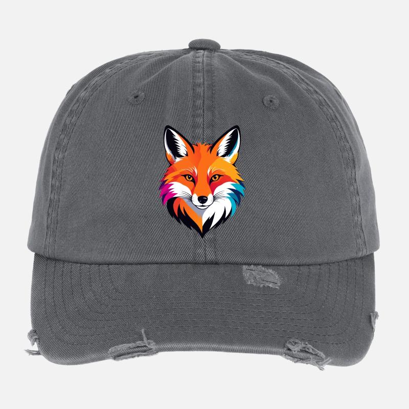 Colorful Fox Head Red Fox Face Portrait Motif Flexfit Vintage Destroyed Cap