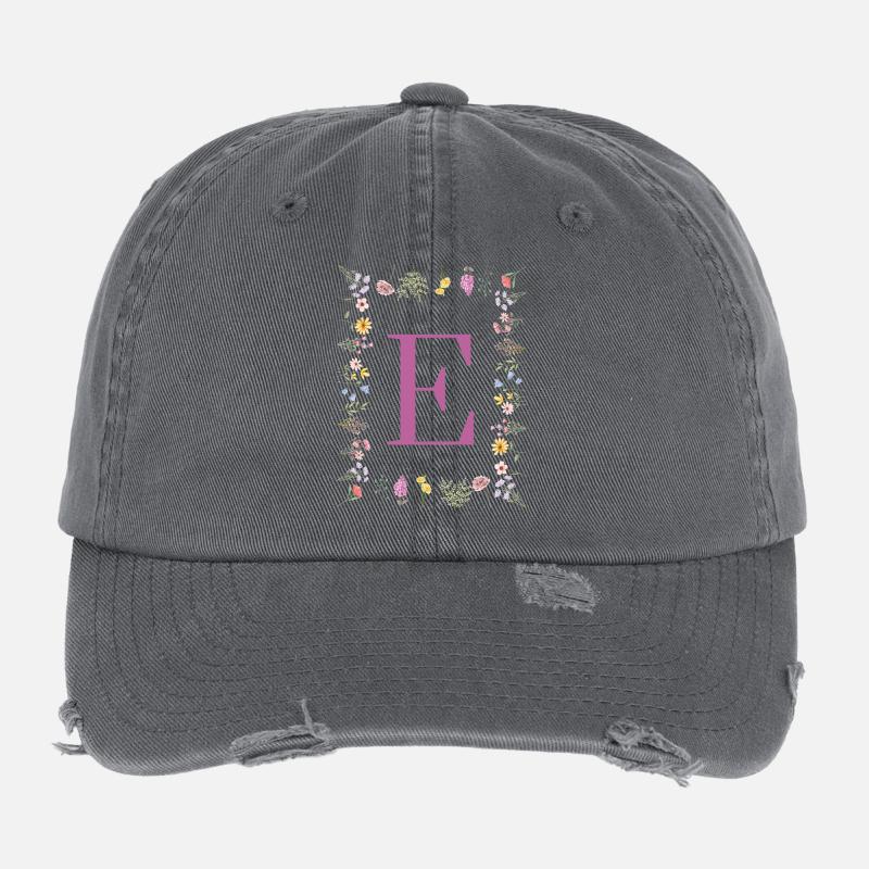 Monogram E with spring blossoms Flexfit Vintage Destroyed Cap