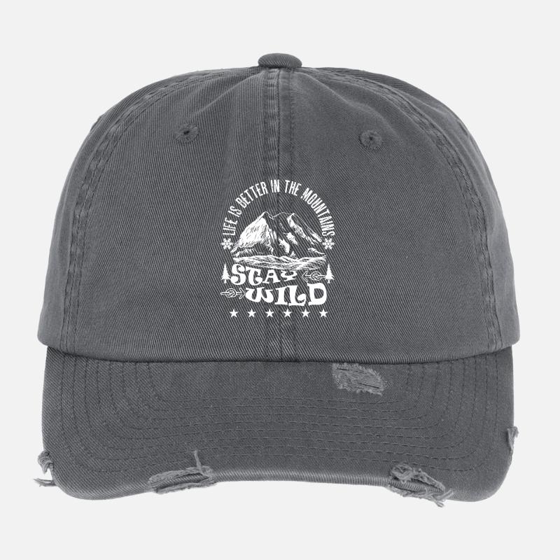 Stay Wild Mountains Hiking Climbing Gift Mountain Flexfit Vintage Destroyed Cap