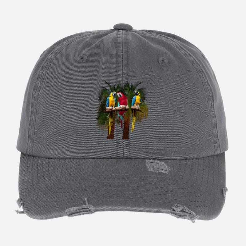 Three macaw parrots in front of palm trees Flexfit Vintage Destroyed Cap