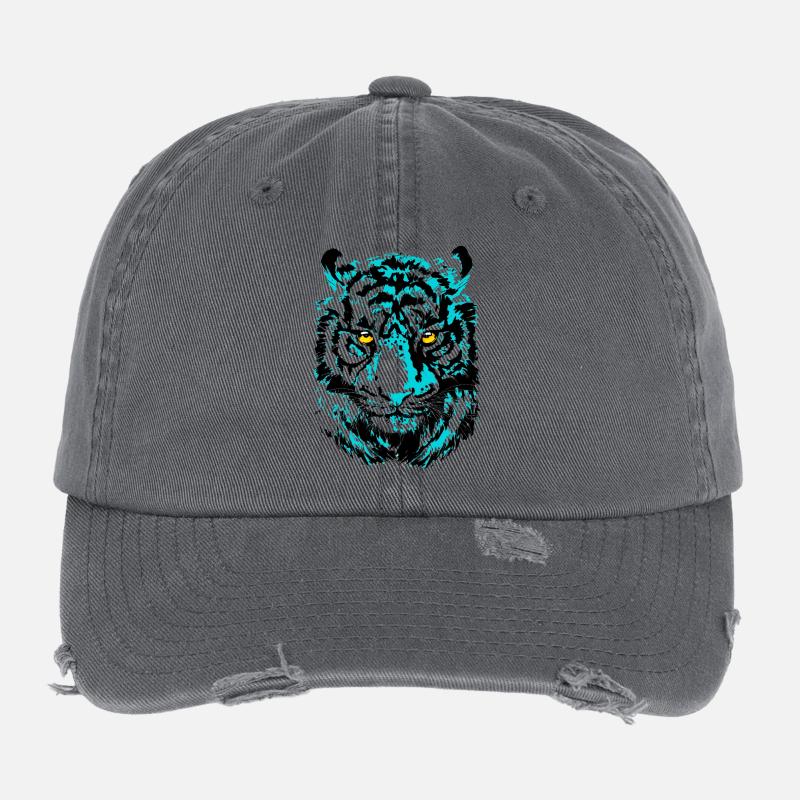 Tiger Head - Colorful Tiger - Wildcat Predator - Flexfit Vintage Destroyed Cap - dark grey