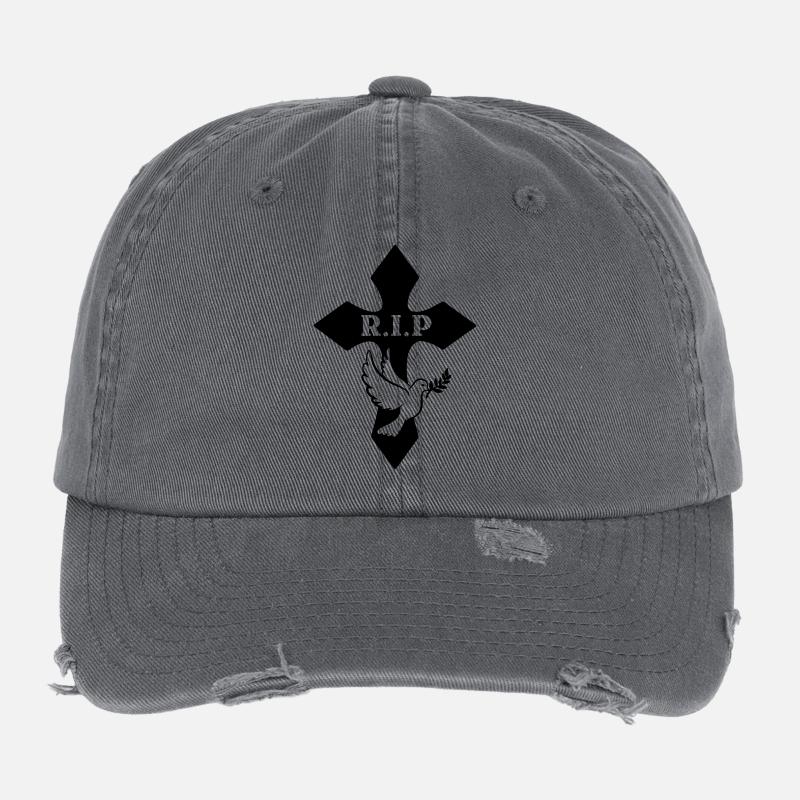 Cross with pigeon and text R.I.P Flexfit Vintage Destroyed Cap