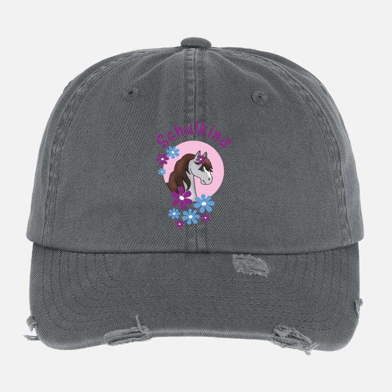 Schulkind - Pony mit Blumen rosa hellblau Flexfit Vintage Destroyed Cap