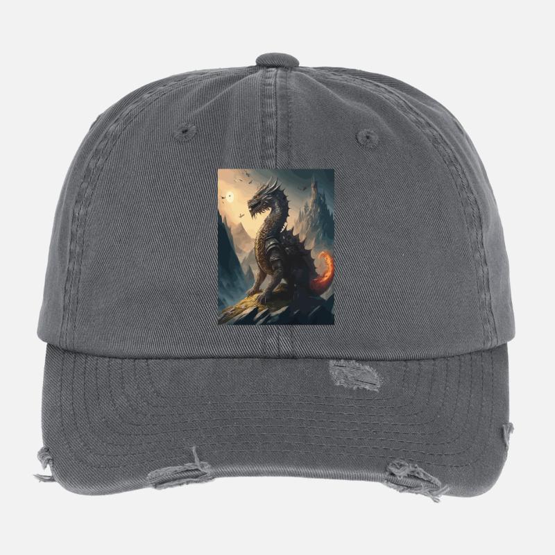 Guerrier Dragon Noir Rouge Illustration Casquette vintage effet usé Flexfit
