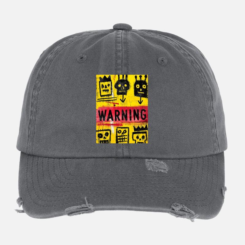 Expressionist Skull Art with Warning Message - Flexfit Vintage Destroyed Cap - dark grey