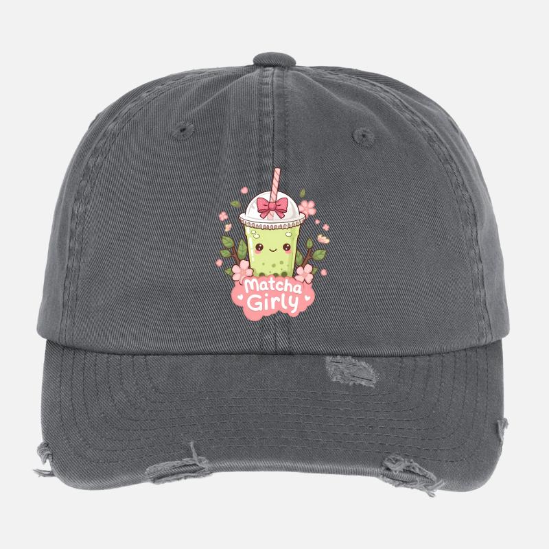 Kawaii Iced Matcha Latte mit Kirschblüten Flexfit Vintage Destroyed Cap
