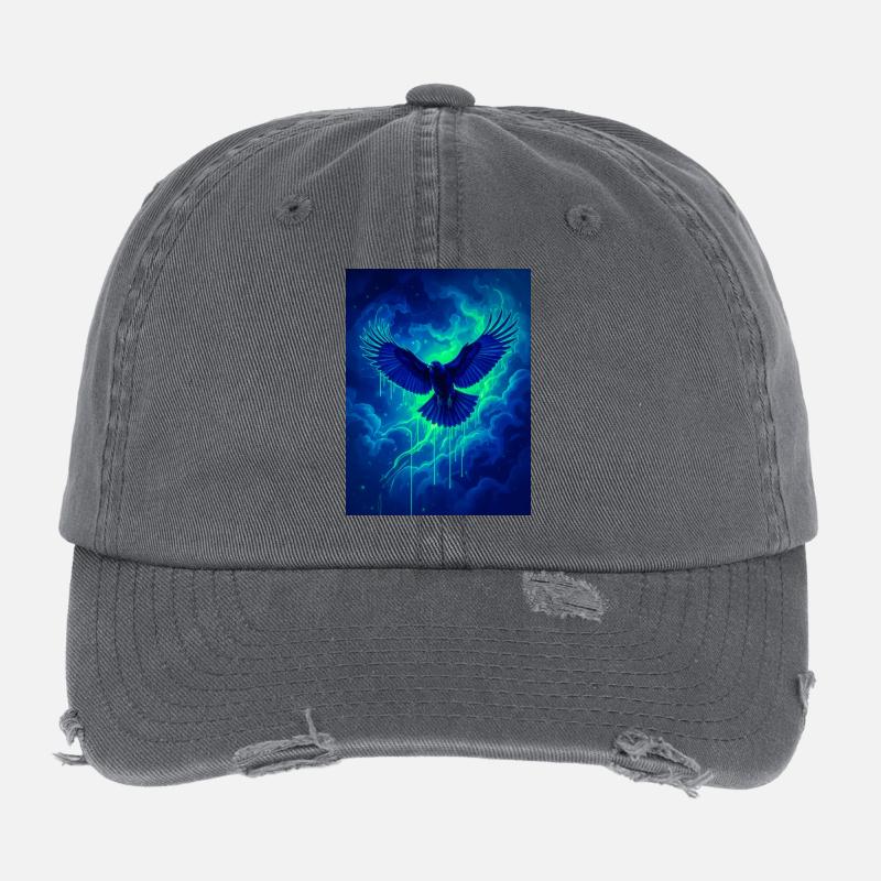 A raven soars through glowing indigo skies filled  Flexfit Vintage Destroyed Cap