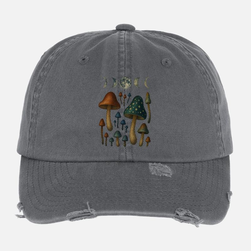 Moon phases and mushroom motifs - Flexfit Vintage Destroyed Cap - dark grey