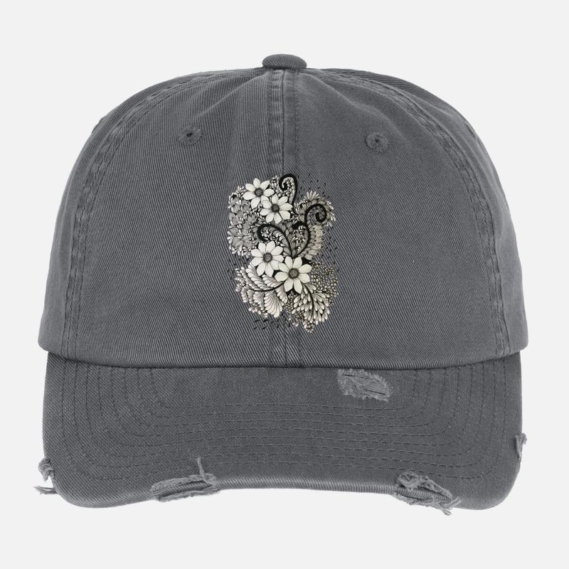 Tourbillons de fleurs noires et blanches Casquette vintage effet usé Flexfit