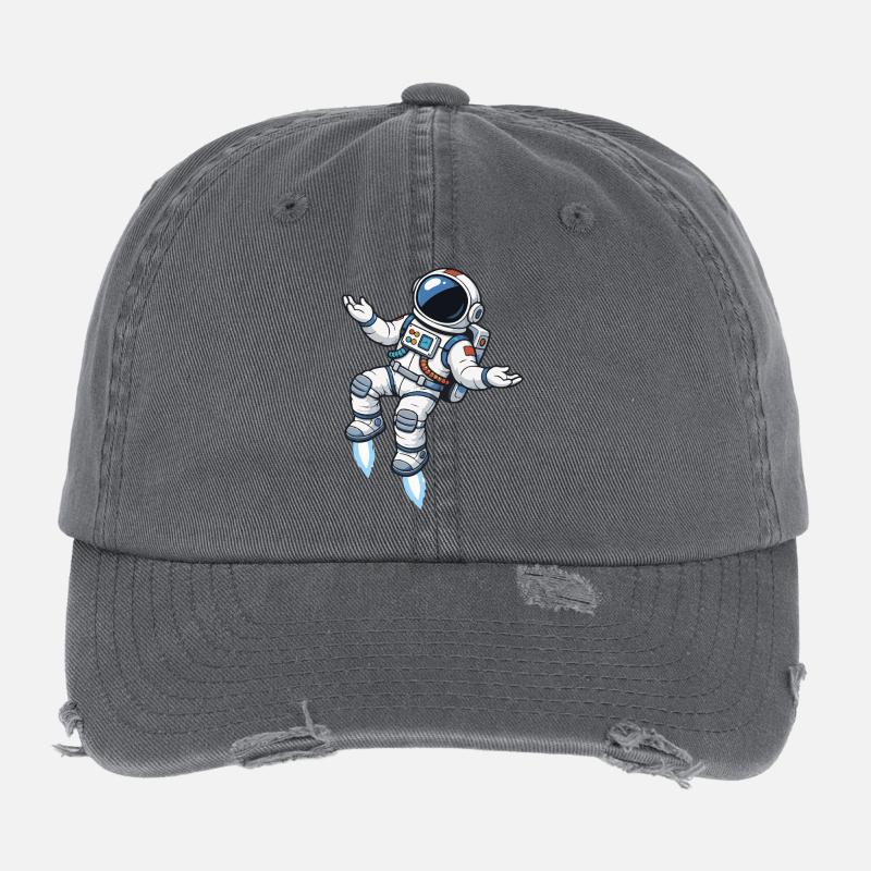 Schwebender Comic Astronaut mit Raketenantrieb Flexfit Vintage Destroyed Cap