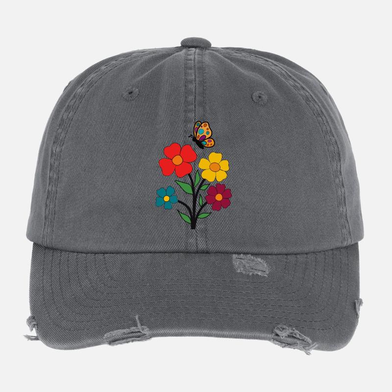 Fleurs colorées et papillon vibrant Casquette vintage effet usé Flexfit