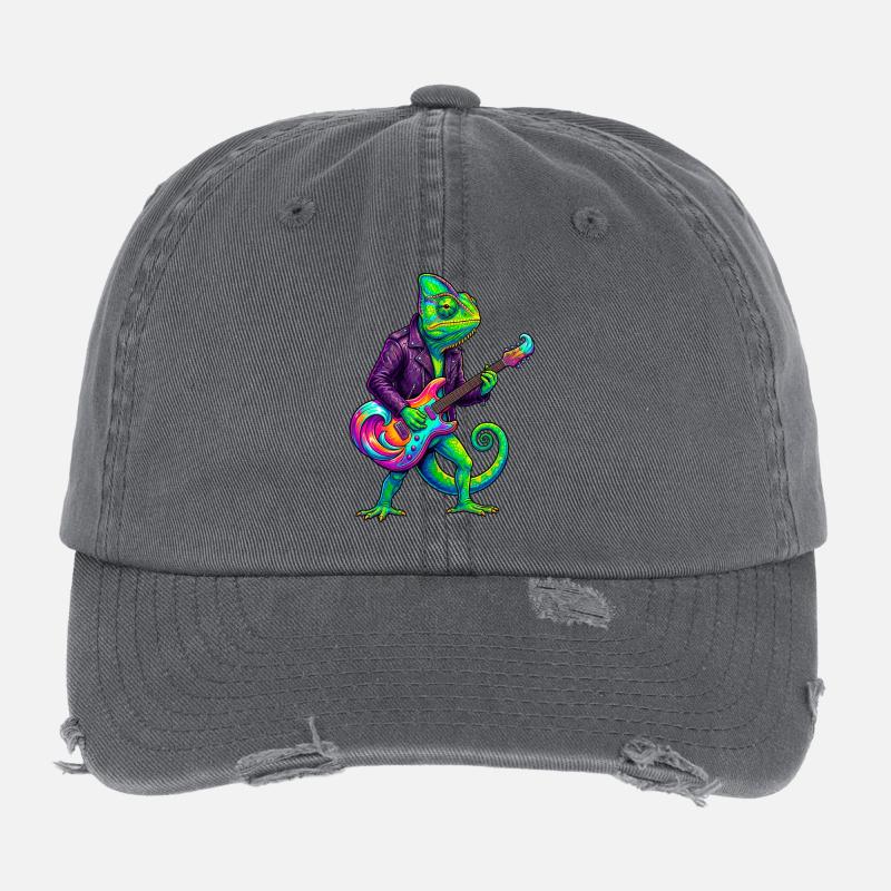 Chameleon in leather jacket and neon electric guitar Flexfit Vintage Destroyed Cap