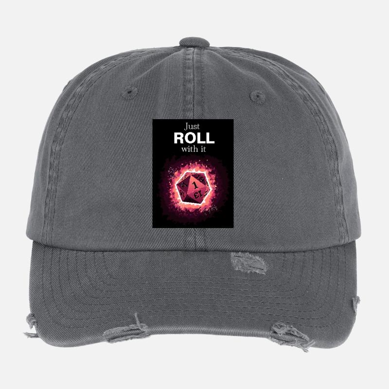 Just Roll With It Retro D20 Magenta Dice Flexfit Vintage Destroyed Cap