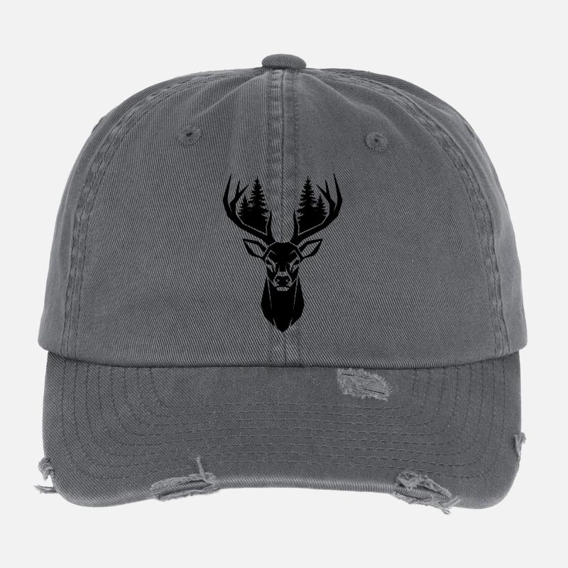Hirschkopf Bäume Wald Silhouette Flexfit Vintage Destroyed Cap