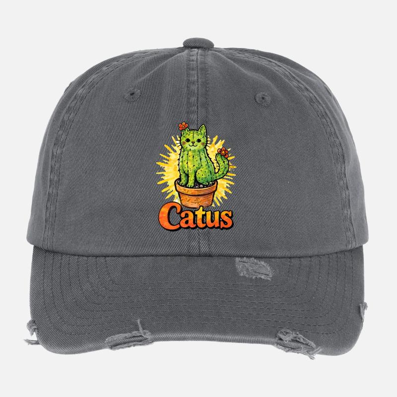 Catus Cat Cactus Illustration Flexfit Vintage Destroyed Cap