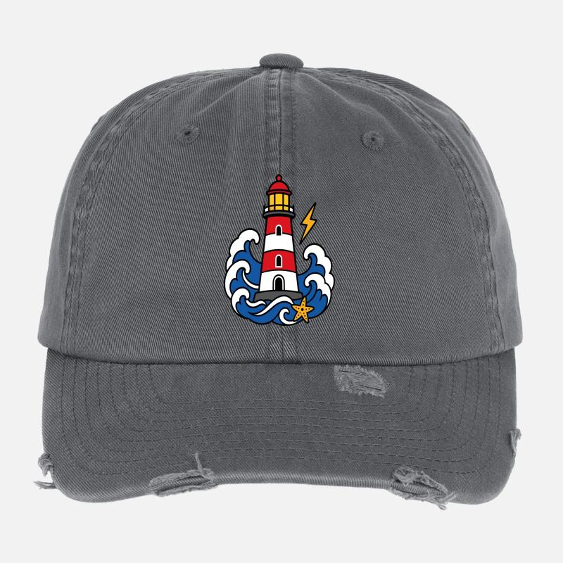 Marine lighthouse and waves tattoo style Flexfit Vintage Destroyed Cap