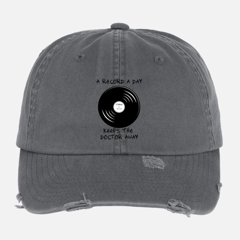 a record a day keeps the doctor away 33 1/3 sketch Flexfit Vintage Destroyed Cap