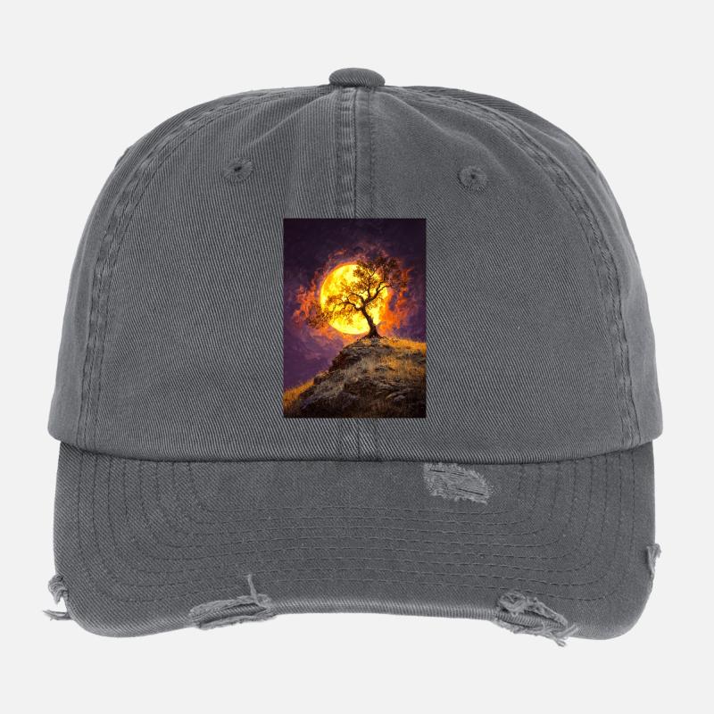 Moonlit Lone Tree on Cliff Flexfit Vintage Destroyed Cap