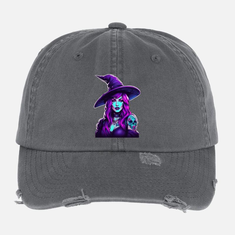 Portrait de sorcière néon en violet Casquette vintage effet usé Flexfit