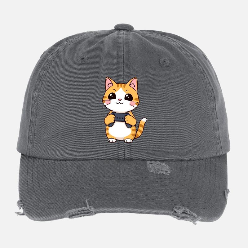 Gaming Katze mit Controller Flexfit Vintage Destroyed Cap