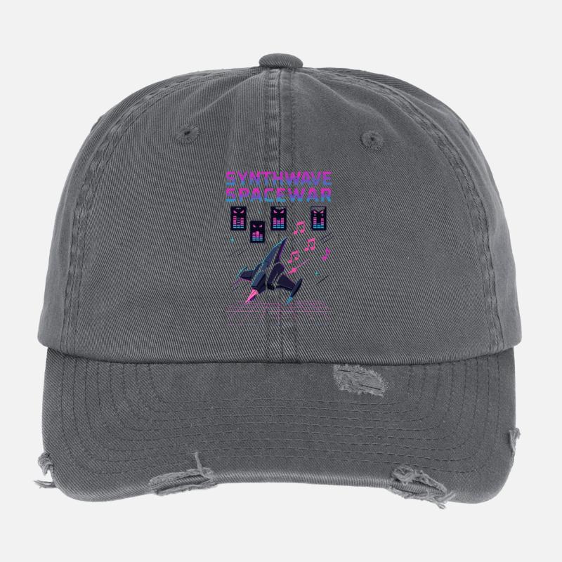 SYNTHWAVE SPACEWAR Retro Neon 80er Jahre Raumschiff Flexfit Vintage Destroyed Cap