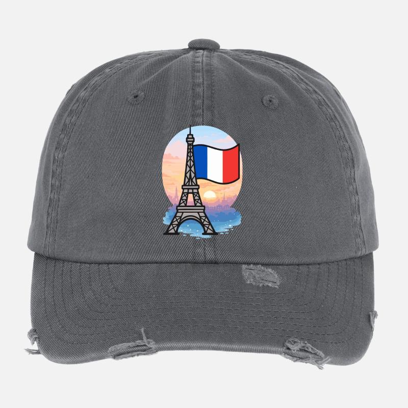 Eiffel Tower Paris French Flag Skyline Flexfit Vintage Destroyed Cap