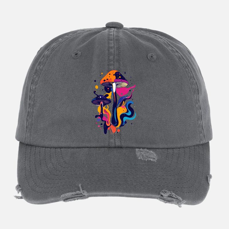 Motif de champignons psychédéliques fantastiques LSD PSY Champignons - Casquette vintage effet usé Flexfit - charbon