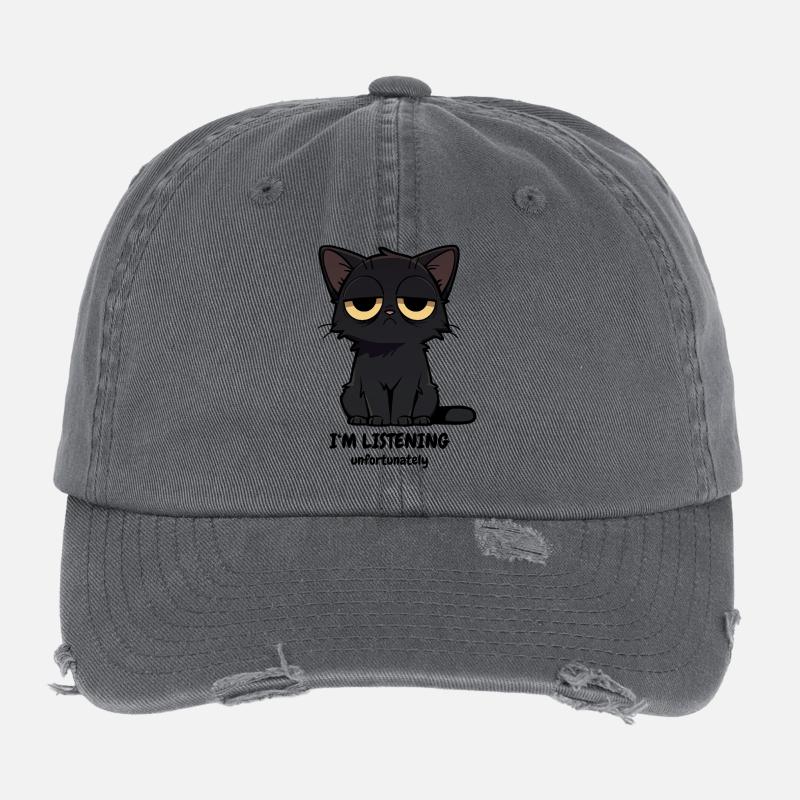 Grumpy Black Cat | Zero Buck Cats Motif Flexfit Vintage Destroyed Cap