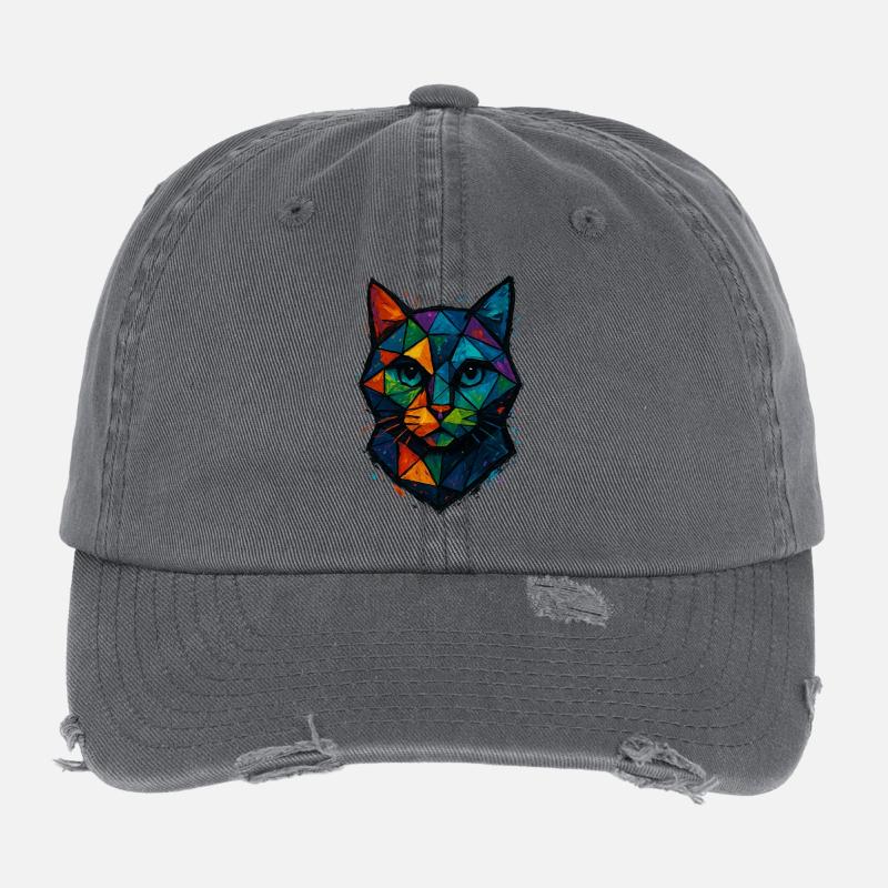 Cat Low Poly - Geometric Mesh Polygonal Art Desig Flexfit Vintage Destroyed Cap